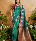 peacock green handloom weaving paper silk blend tradional wear saree