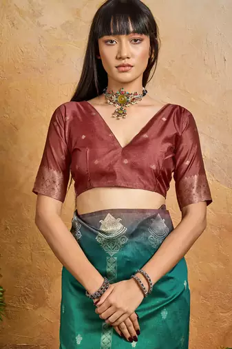 peacock green handloom weaving paper silk blend tradional wear saree