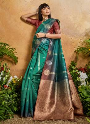 peacock green handloom weaving paper silk blend tradional wear saree 5