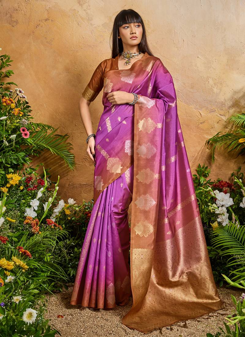 pink handloom weaving paper silk blend tradional wear saree