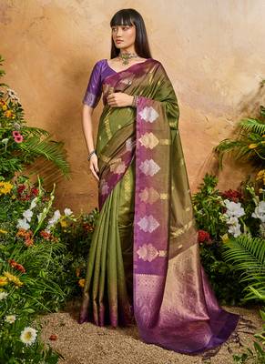 olive handloom weaving paper silk blend tradional wear saree 1