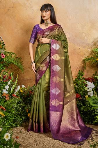 olive handloom weaving paper silk blend tradional wear saree