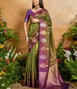 olive handloom weaving paper silk blend tradional wear saree