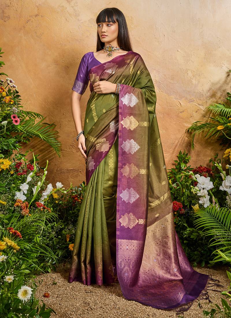 olive handloom weaving paper silk blend tradional wear saree