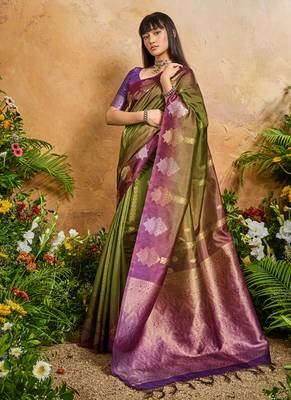 olive handloom weaving paper silk blend tradional wear saree 2
