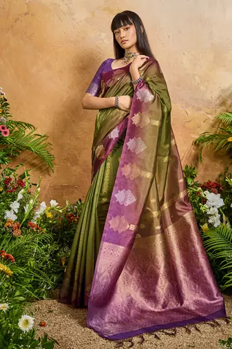 olive handloom weaving paper silk blend tradional wear saree