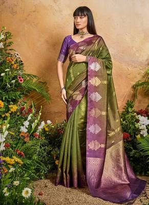 olive handloom weaving paper silk blend tradional wear saree 3