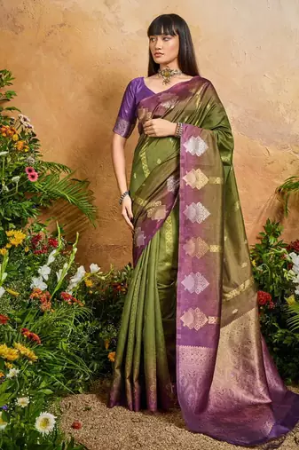 olive handloom weaving paper silk blend tradional wear saree