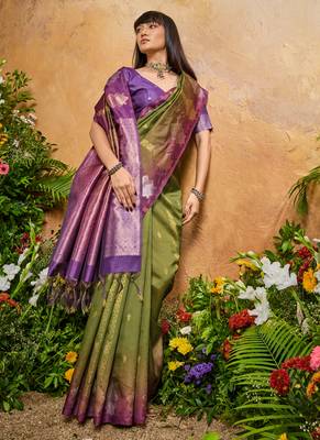 olive handloom weaving paper silk blend tradional wear saree 5