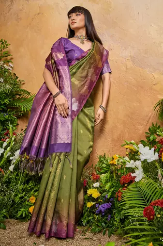 olive handloom weaving paper silk blend tradional wear saree