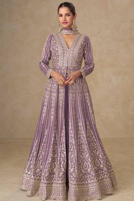 Lavendar embroidery and sequines work chinnon silk palazzo anarkali suit- full stitched free size 1