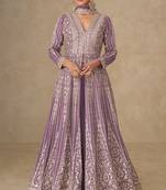 Lavendar embroidery and sequines work chinnon silk palazzo anarkali suit- full stitched free size