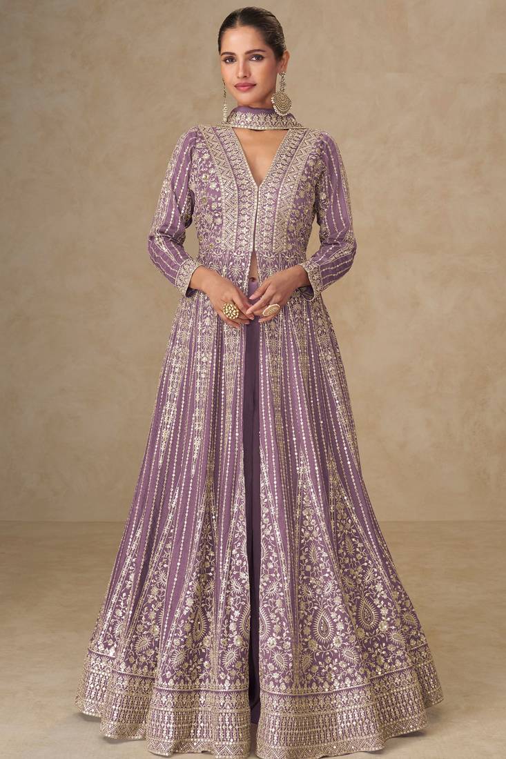 Lavendar embroidery and sequines work chinnon silk palazzo anarkali suit- full stitched free size