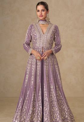 Lavendar embroidery and sequines work chinnon silk palazzo anarkali suit- full stitched free size 2