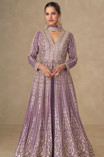 Lavendar embroidery and sequines work chinnon silk palazzo anarkali suit- full stitched free size