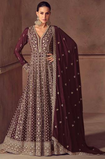 Wine zari embroidery  sequins & beads chinnon dupatta gown- full stitched free size