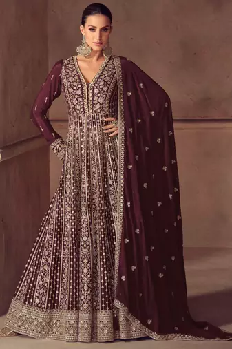 Wine zari embroidery  sequins & beads chinnon dupatta gown- full stitched free size
