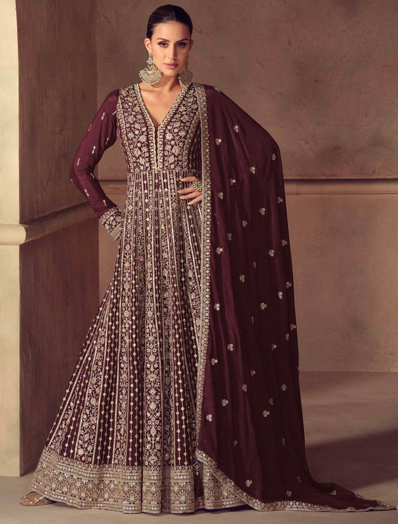 Wine zari embroidery  sequins & beads chinnon dupatta gown- full stitched free size