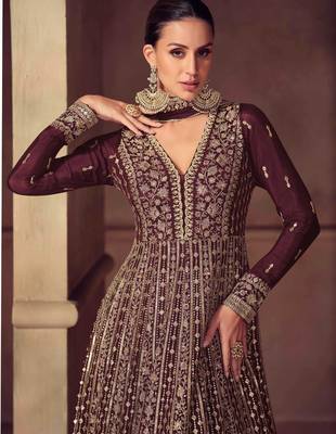 Wine zari embroidery  sequins & beads chinnon dupatta gown- full stitched free size 2