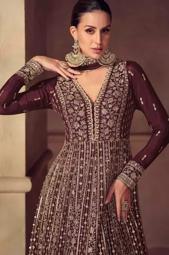 Wine zari embroidery  sequins & beads chinnon dupatta gown- full stitched free size