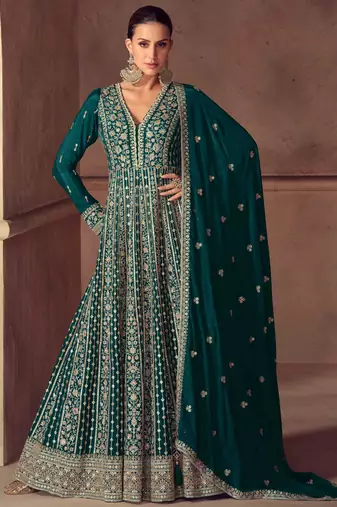 Teal blue zari embroidery  sequins & beads chinnon dupatta gown- full stitched free size
