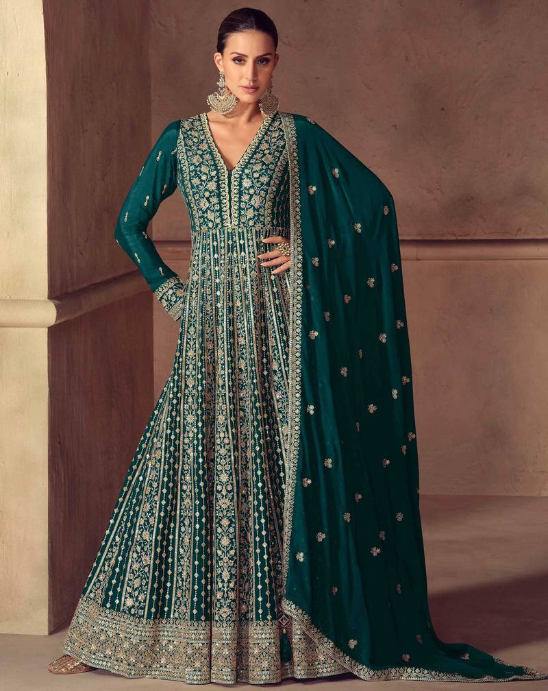 Teal blue zari embroidery  sequins & beads chinnon dupatta gown- full stitched free size