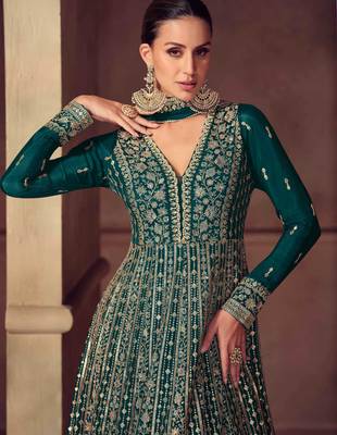 Teal blue zari embroidery  sequins & beads chinnon dupatta gown- full stitched free size 2