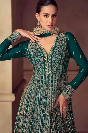 Teal blue zari embroidery  sequins & beads chinnon dupatta gown- full stitched free size