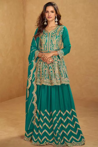 Turquoise blue zari embroidery  mirror & sequins chinnon silk  lehenga anarkali suit- full stitched free size