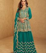 Turquoise blue zari embroidery  mirror & sequins chinnon silk  lehenga anarkali suit- full stitched free size