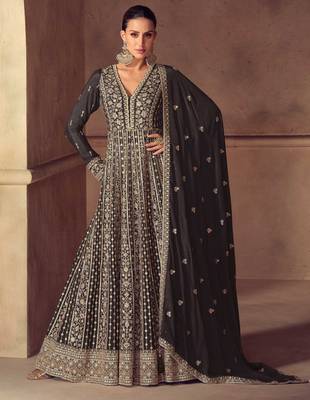 Black zari embroidery  sequins & beads chinnon dupatta gown- full stitched free size 1