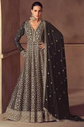 Black zari embroidery  sequins & beads chinnon dupatta gown- full stitched free size