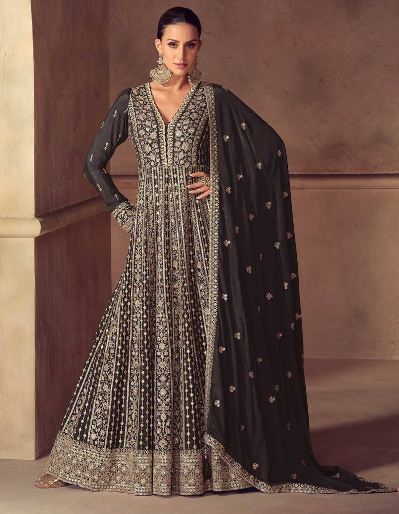 Black zari embroidery  sequins & beads chinnon dupatta gown- full stitched free size