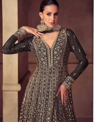 Black zari embroidery  sequins & beads chinnon dupatta gown- full stitched free size 2