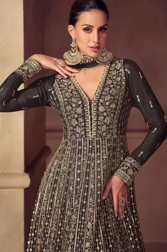 Black zari embroidery  sequins & beads chinnon dupatta gown- full stitched free size