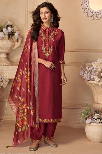Maroon hand work embroidery  sequins viscose patiala straight suit- full stitched free size
