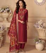 Maroon hand work embroidery  sequins viscose patiala straight suit- full stitched free size