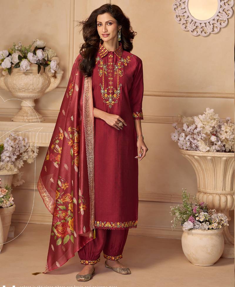Maroon hand work embroidery  sequins viscose patiala straight suit- full stitched free size