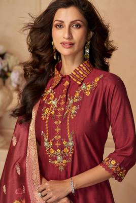 Maroon hand work embroidery  sequins viscose patiala straight suit- full stitched free size 2