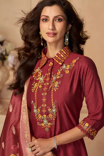 Maroon hand work embroidery  sequins viscose patiala straight suit- full stitched free size