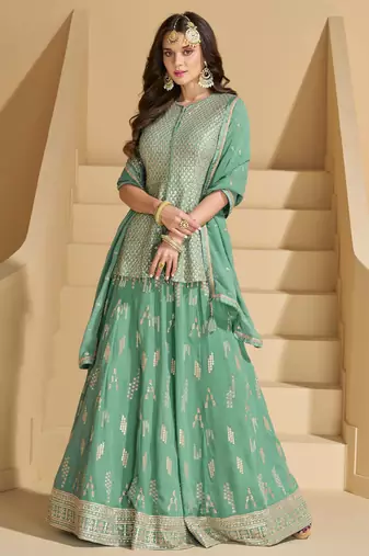 Sea green embroidery  sequins & stone georgette  lehenga straight suit- full stitched free size