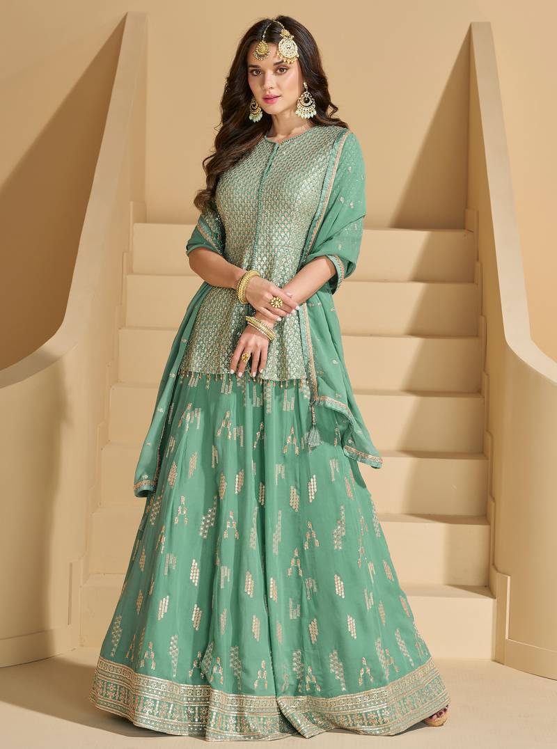 Sea green embroidery  sequins & stone georgette  lehenga straight suit- full stitched free size