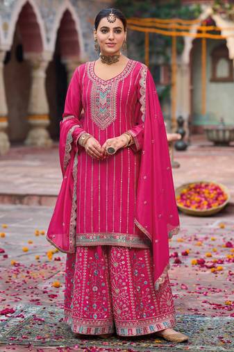 Pink embroidery & sequins chinnon palazzo straight suit- full stitched free size