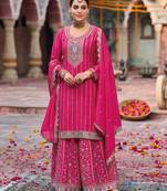 Pink embroidery & sequins chinnon palazzo straight suit- full stitched free size