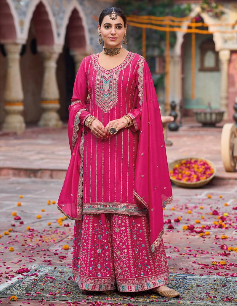 Pink embroidery & sequins chinnon palazzo straight suit- full stitched free size