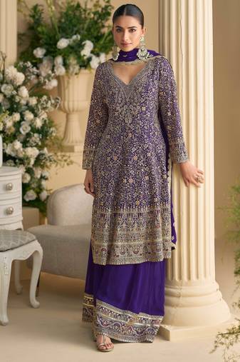 Purple thread embroidery  sequins & stone  georgette  palazzo anarkali suit- full stitched free size