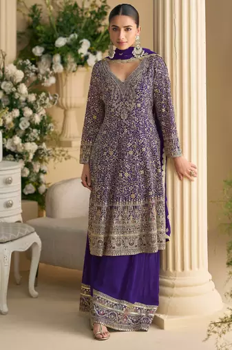 Purple thread embroidery  sequins & stone  georgette  palazzo anarkali suit- full stitched free size