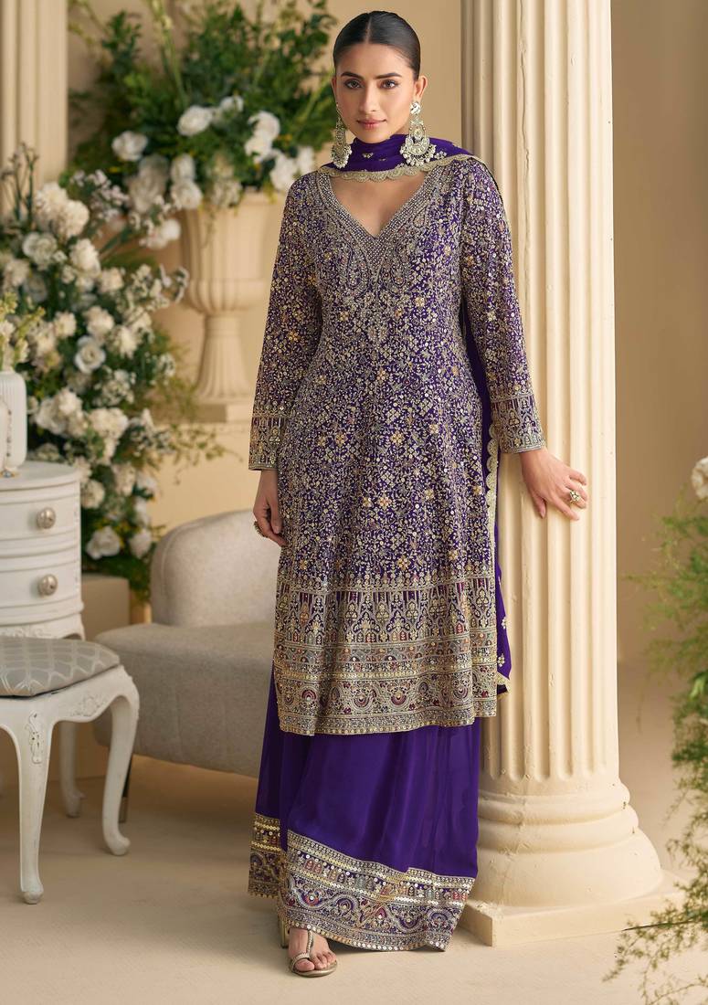 Purple thread embroidery  sequins & stone  georgette  palazzo anarkali suit- full stitched free size
