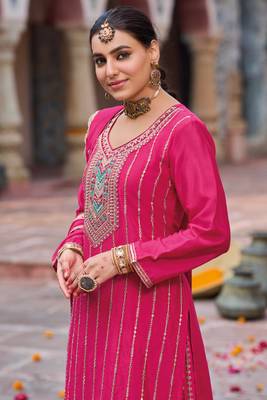 Pink embroidery & sequins chinnon palazzo straight suit- full stitched free size 2