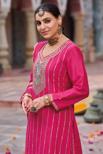 Pink embroidery & sequins chinnon palazzo straight suit- full stitched free size